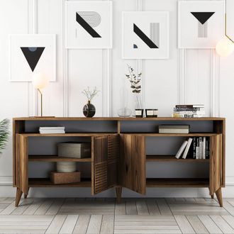 Dmora Aparador Falzes, Alacena 2 Estantes, 4 Puertas, 6 Compartimentos, 180x35x78h Cm Marr&oacute;n Nogal