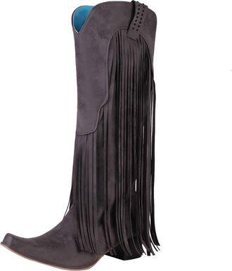 Generic Womens Mid Calf Boots Plus Size Winter Chunky Heel Fringe Tall High Heel Boots Fashion Western Boots(Black, 2.5)