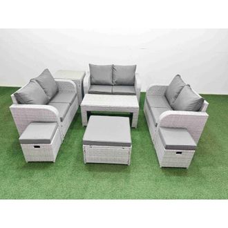 Fimous 9 Seater pe Wicker Rattan Furniture Sofa Sets with Oblong Coffee Table 2 Seater Love Sofa 3 Stool Side Table Light Grey - Fimous