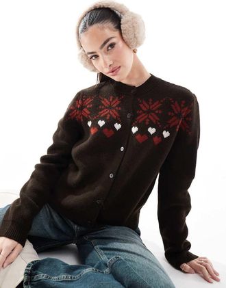 Miss Selfridge jacquard snowflake heart knit cardigan in chocolate-Brown