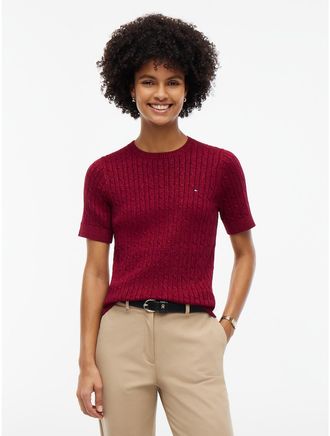 Tommy Hilfiger Womens Short-Sleeve Cable Knit Shimmer Sweater - Plum Glaze - XXL