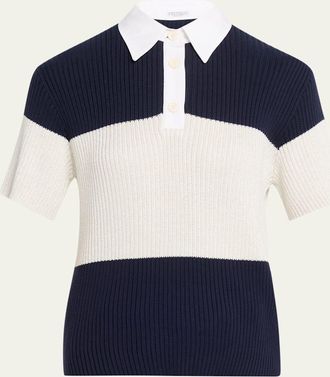 Brunello Cucinelli Shimmering Striped Cotton Rib Short-Sleeve Polo Sweater