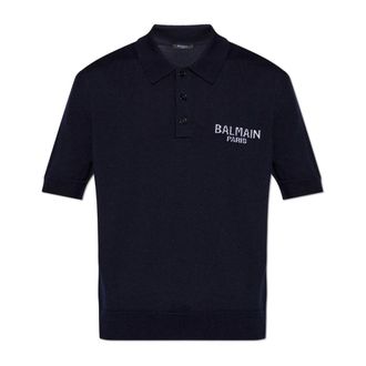 Balmain V-neck Knitwear, male, Blue, Size: 2XL Wool Polo Shirt With Logo