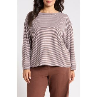 Eileen Fisher Striped Bateau Neck Boxy Organic Cotton Top in Trufl at Nordstrom, Size 2X