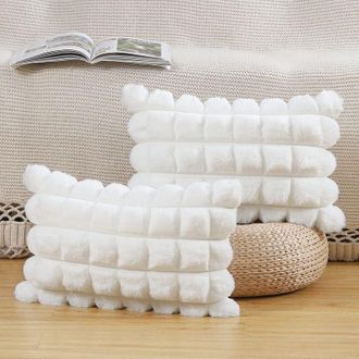 OEM Juego De 2 Fundas De Coj&iacute;n De Felpa A Cuadros Con Pelo Sint&eacute;tico, Suaves Y Mullidas, Ideales Para Sof&aacute; O Dormitorio, Color Blanco Crema, 30 X 50 Cm