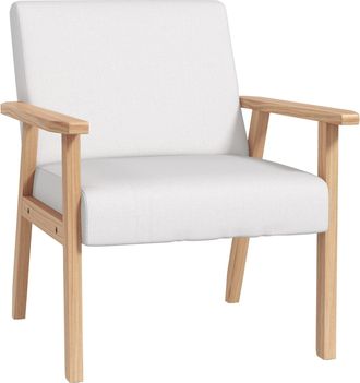 HOMCOM Accent Chair With Wood Frame Wide Seat Linen Armchair Cream White | TJ Hughes