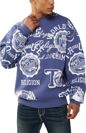 True Religion Allover Logo Oversize Crewneck Sweatshirt in Vintage Navy at Nordstrom, Size X-Large