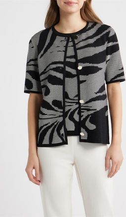Anne Klein Ottoman Jacquard Short Sleeve Cardigan in Anne Black/White Dove at Nordstrom, Size Xx-Small