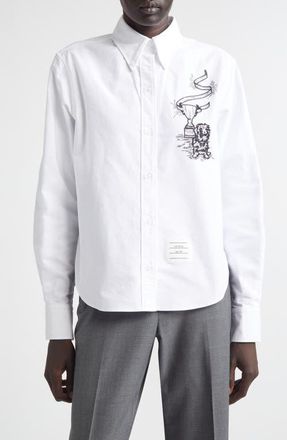 Thom Browne Embroidered Cotton Poplin Button-Down Shirt in White at Nordstrom, Size 12 Us