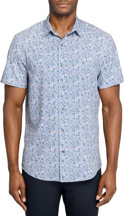 W.R.K Slim Fit Antique Floral Short Sleeve Performance Button-Up Shirt in White/blue at Nordstrom, Size X-Large