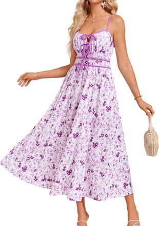 Grace Karin Womens Summer Casual Floral Boho Dress V Neck Spaghetti Strap Flowy Beach Maxi Dresses Purple XXL