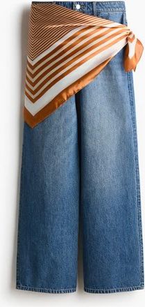 H&M Straight High Waist Scarf-detail Jeans in Denim Blue/orange at Nordstrom, Size 10