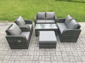 Fimous Rattan Garden Furniture Set with Rectangular Coffee Table Big Footstool 7 Seater Patio Outdoor Lounge Sofa Set in Dark Grey