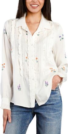 BILLY T Garden Embroidered Ruffle Pintuck Shirt in White Alyssum at Nordstrom, Size X-Small