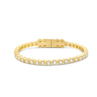 SHYMI Round Stone Bezel Set Open Bangle Bracelet -.925 Sterling Silver, 14K Gold-Plated, Rhodium Plated, Cubic Zirconia Detailing, Easy on /Off, Day to Nigh