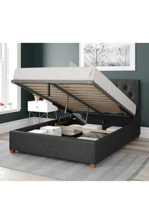 Aspire Home Accents Olivier Upholstered Ottoman Storage Bed, Saxon Twill Fabric in Charcoal | Size: King