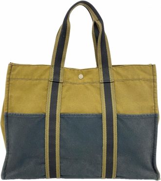 Herm&egrave;s Black Green Canvas Tote Bag (Pre-Owned)