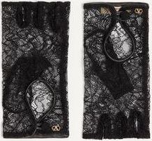 Valentino Garavani VLogo Signature Biker Gloves In Lace And Leather Woman BLACK/GOLD 9