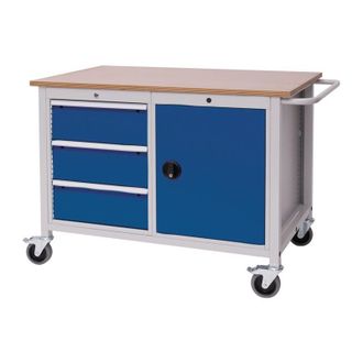OEM Banco De Trabajo L1250xf750xh935mm Multiplex De Haya Gris Claro / Azul Se&ntilde;al 3 Cajones, 1 Puerta