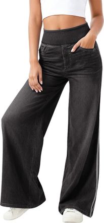 Generic Womens Vintage Side Stripe Wide Leg Jeans Washed Blue Loose Fit Straight Leg Denim Trousers