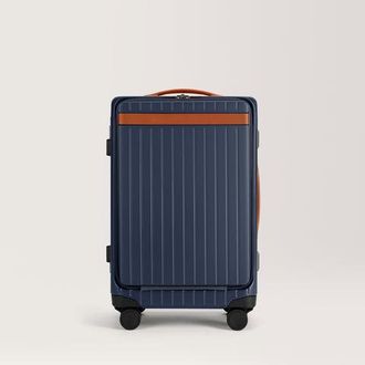 Carl Friedrik Front pocket Carry-on Luggage - Hard case in Polycarbonate and Aluminium - Navy Blue / Cognac Brown