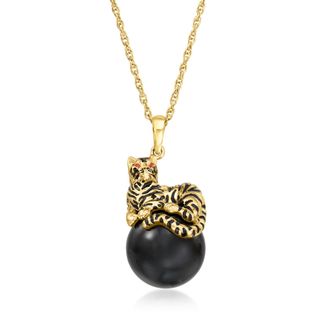 Ross-Simons 12mm Black Agate Tiger Pendant Necklace in 18kt Gold Over Sterling With Enamel