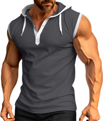 Generic Fashion Waffle Sleeveless Hoodies Men - Athletic Sleeveless Vest Gym Tank Tops Outdoor Loose Sports Vest Buttons Placket Workout Sleeveless T Shirt Sk