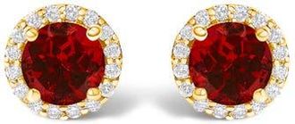 House of Brilliance 10K Gold Gemstone and 1/6 Cttw Diamond Halo Stud Earring in Yellow | Red Garnet at Nordstrom