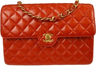 Chanel Vintage Cc Chain Flap Quilted Lambskin Red Leather Handbag (Pre-Owned)