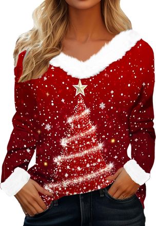 Generic Fluffy Christmas Jumpers for Women Fuzzy Faux Fur Trim Long Sleeve V Neck T Shirt Plush Collar Sweatshirt Xmas Pullover Tops, A06-Brick Red, M