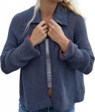 Wooden Ships Heart Back Chunky Cotton Cardigan In Indigo Coast Heather/ Apple Red