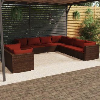 vidaXL Set Muebles De Jard&iacute;n 9 Piezas Y Cojines Rat&aacute;n Sint&eacute;tico Marr&oacute;n Vidaxl