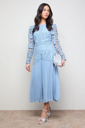 Oasis Womens Lace Bodice Pleated Skirt Long Sleeve Midi Dress - Blue - Size 16 UK