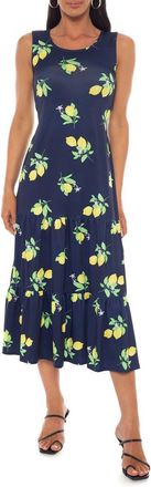 Tash And Sophie Lemon Print Midi Dress in Navy Yellow at Nordstrom Rack, Size X-Small