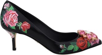 Dolce & Gabbana Bloemenprint Kristalhakken Pumps - Dames - Pumps - Zwart - 36 1/2 EU - Leer - Schoenen