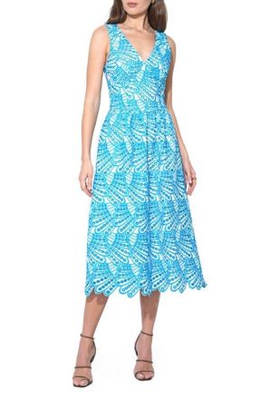 Adelyn Rae Joanna Basque Waist Midi Dress in White/Blue at Nordstrom, Size X-Small