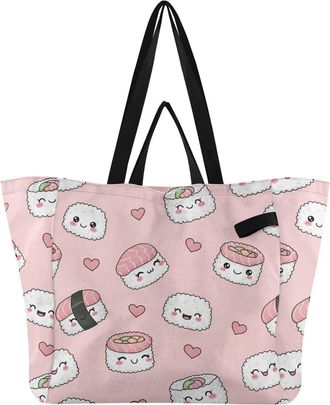 Generic Cute Food Sushi Pink pattern Reusable Canvas Tote Bag, Heavy Duty Grocery Shopping Bag with Double Handles Large Capacity Hard Bottom Work Groceries T
