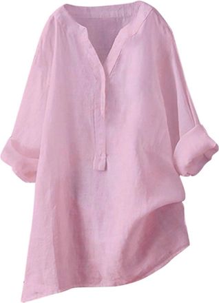 Generic Linen Shirt Dresses for Women UK 2025 3/4 Sleeve Sleeve Plus Size Summer Dressy Cotton Linen Button Down Blouses Ladies Casual Lightweight V Neck Roll