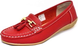 Jo & Joe Women Leather Flat Loafer Ladies Casual Comfy Slider Low Wedge Heel Work Shoes (Dark Red, 7)