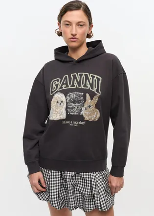 Ganni Black Animal Print Hoodie Size Small/Medium Organic Cotton Womens