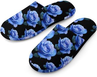 Generic Blue Rose Flannel Mens Slip-on Slippers Winter Warm House Shoes with Rubber Sole for Home Hotel