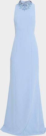 Teri Jon Beaded Mock-Neck Crepe Trumpet Gown