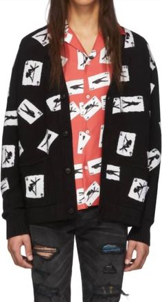 Amiri Cards Intarsia Cardigan Sweater In Black