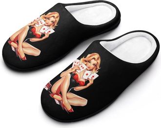 Generic Aces Playing Cards Pinup Girl Womens Slippers Warm House Slippers Indoor House Shoes with Anti-Skid Rubber Sole