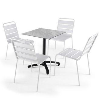 Oviala Mesa de jard&iacute;n de m&aacute;rtaupe laminado y conjunto de 4 sillas blancas