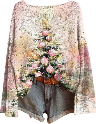 Generic women christmas sweatshirt Womens Christmas Tree Sweatshirts UK Long Sleeve Novelty Funny Print Jumper Oversized Crewneck Xmas Holiday Casual Shirts F