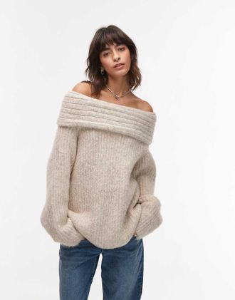 Topshop Maglione oversize spesso color avena con spalle scoperte-Bianco
