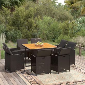 vidaXL Set De Comedor De Jard&iacute;n 9 Pzas Y Cojines Rat&aacute;n Sint&eacute;tico Negro Vidaxl