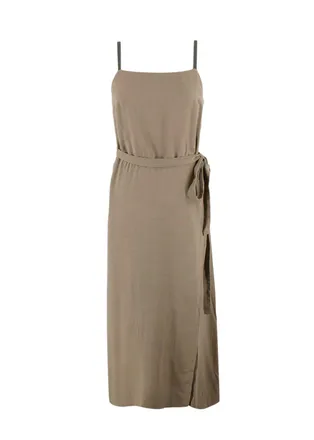 Brunello Cucinelli Light Khaki Midi Dress with Monili Bead Straps Size S