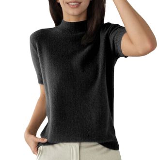 Generic Womens Short Sleeve Knitted Jumper with Stand-Up Collar, Fine Knit Top in Minimalist Style, Elegant and Soft Basic Top for Business and Leisure